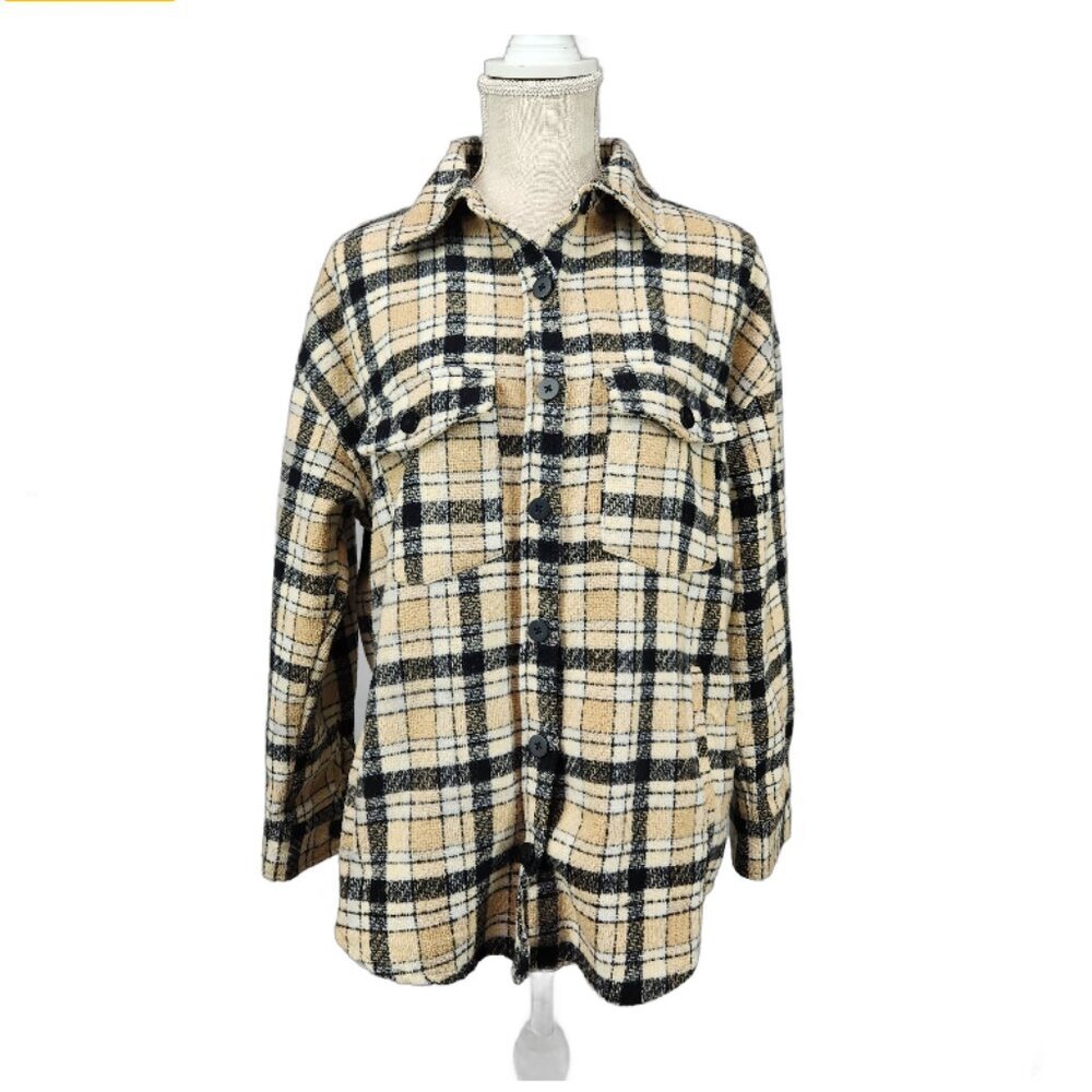 Forever 21 Wool Blend Shacket Womens XS Tan Brown Plaid Flannel Button Up Shirt